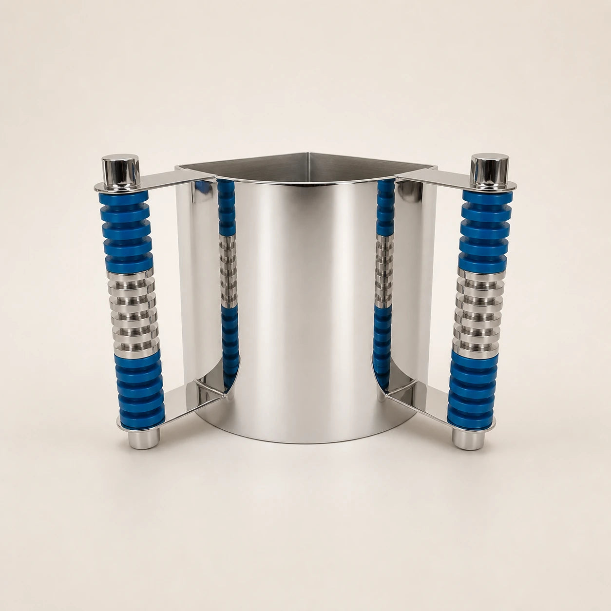 Polished cylindrical silver washing cup with four blue handles
